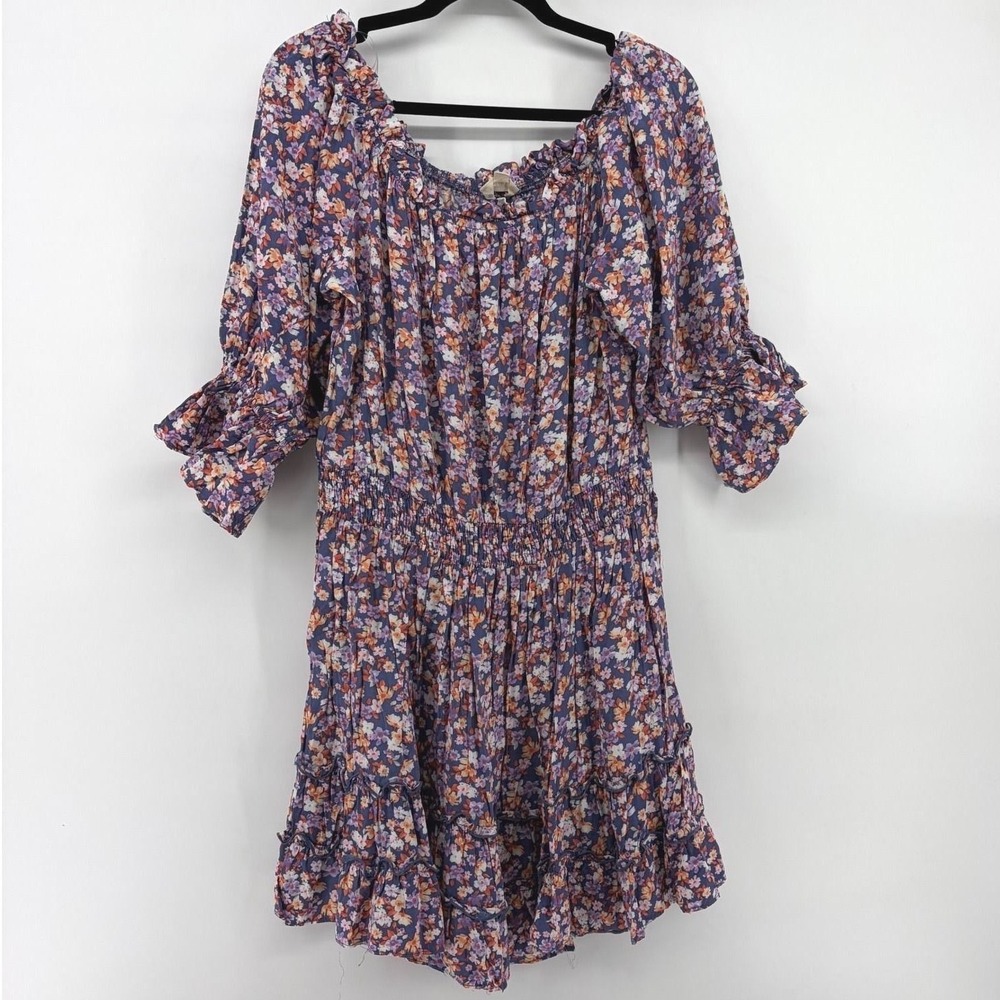 Easel Los Angeles Floral Smocked Mini Dress Purple Orange Blue Boho Medium